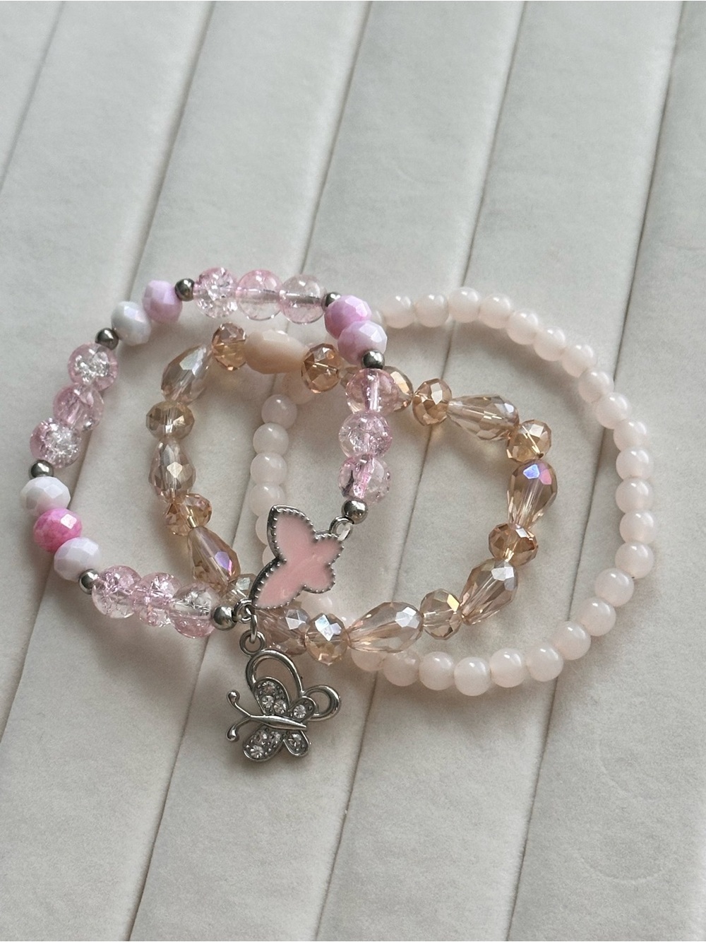 Pink Beaded Butterfly Charm Bracelet Set